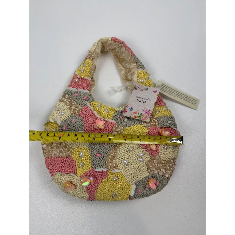 NWT Handcrafted India Beaded Hobo Bag Pastel Sequin Pearl Embellished New